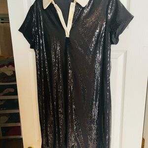 Ann Taylor Black Sequin Mini Dress with Cream Collar